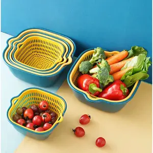 6 Pcs Cozinha Double-Layer Drain Basket Cesta De Armazenamento Rotativa para Lavar Legumes Frutas Colander Cestas Ferramentas De Cozinha