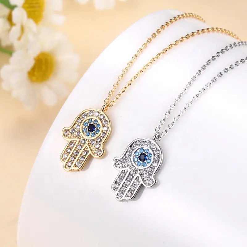 Fashionable Style Irregular Pendant Hand of Fatima Clavicle Chain Vintage Devil's Eye Large Palm Diamond Necklace for ladies