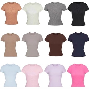 T-shirt mignon pour femme, style <span class=keywords><strong>Kim</strong></span> <span class=keywords><strong>Kardashian</strong></span>, manches courtes, coupe ajustée extensible, col rond en pur coton, collection Printemps 2025 - Product Image 1