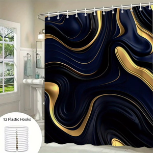 Juego de Baño de Poliéster Negro y Dorado - Cortina de Ducha Clásica con Diseño de Ondas, 12 Ganchos, Tapete Antideslizante y Funda para Asiento de Inodoro, Decoración Moderna para Baño - Product Image 2