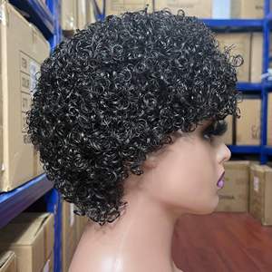 Sans colle court Afro bouclés Bob perruques de cheveux humains avec une frange femmes Remy cheveux naturels bruns crépus bouclés - Product Image 3