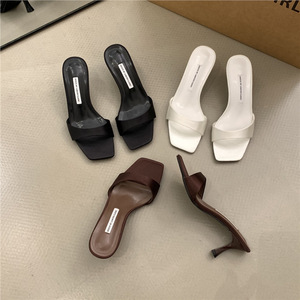 Square Toe High Heel <b>Slides</b> PU Material Slip-On Fashion Trend Summer Women's Shoes Black <b>White</b> Brown Colors - Product Image 1