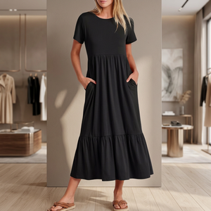Women's Black O-Neck Short Sleeve <b>Maxi</b> Dress Solid Eco-Friendly Breathable High Waist Regular Fit Casual Summer Polyester Ruffle - Product Image 3