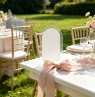Vente en gros de cartes de table vierges en acrylique en forme d'arche 90x45mm avec ruban, étiquettes de place pour mariage, cartes nominatives pour fête, panneaux de réservation de sièges