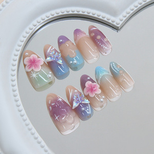3D Charm 24 pièces Faux ongles à presser pour les orteils, effet œil de chat queue de poisson, paillettes Aurora brillantes, tendance estivale, avec colle - Product Image 3