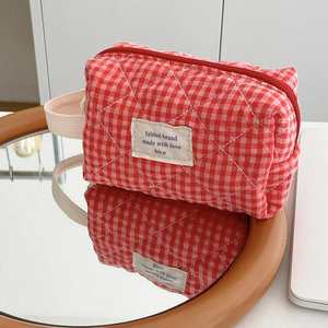 Bolsa de Maquillaje de Algodón a Cuadros Personalizada para Mujer, Estilo Coreano, Gran Capacidad, Bolsa de Cosméticos Acolchada, Bolsa de Almacenamiento de Artículos de Aseo para Viaje - Product Image 4