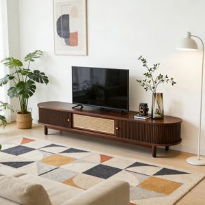 Meuble TV et meuble multimédia en bois massif <span class=keywords><strong>de</strong></span> frêne et rotin, design minimaliste, style mid-century modern, Wabi-Sabi, pour la maison, le salon, l'hôtel. - Product Image 2