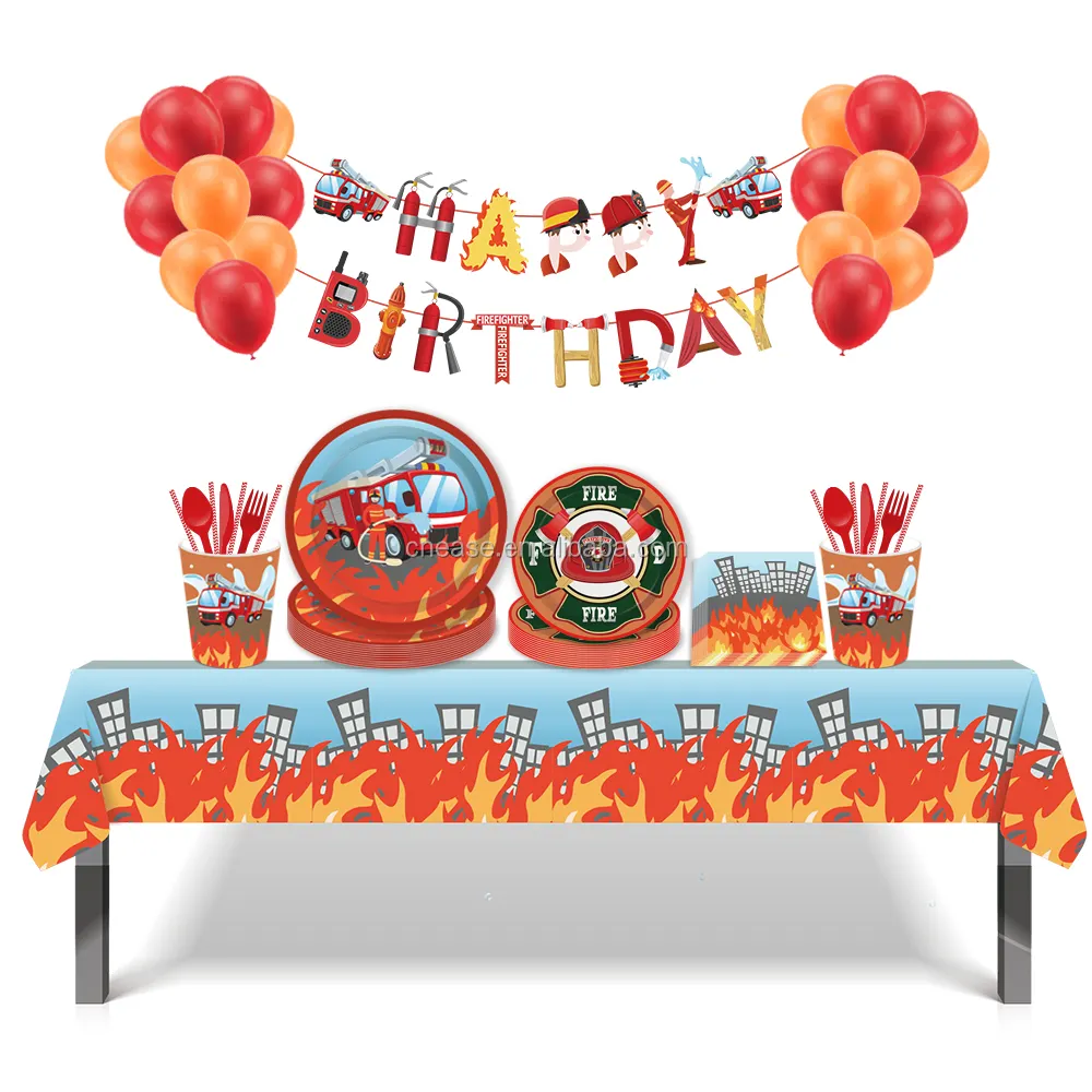 Huancai fire fighter party supplies fire truck paper plates cups napkins disposable tableware set for kids birthday party decor