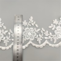 Tissu en organza brodé de sequins pour robes de mariée, dentelle blanche pour bordure, mode féminine