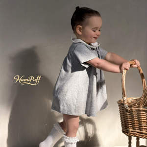 Robe bébé en coton mélangé doux, extensible et respirant, coupe trapèze, col Peter Pan en jersey, manches courtes, pour tout-petits, usage quotidien - Product Image 3