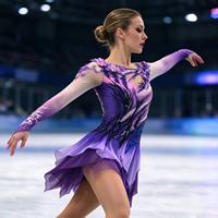 Robe de patinage et de danse dégradé violet-rose, manches longues en maille, ornée de strass floraux, pour enfants et adultes, compétition et performance