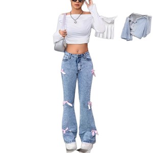 Pantalons en denim de coton lavé à taille haute avec nœud pour adolescentes - Product Image 5