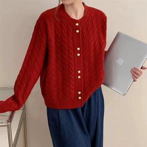 Autumn New Vintage Gold Button Gentle Style Knitted Cardigan Round Neck Solid Color Design Sweater <strong>Top</strong> - Product Image 3