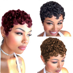 Perruque <span class=keywords><strong>courte</strong></span> <span class=keywords><strong>coupe</strong></span> pixie, fabriquée à la machine, 100% <span class=keywords><strong>cheveux</strong></span> humains vierges brésiliens, couleur pour femmes noires - Product Image 2