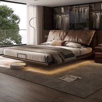 Cama Flotante Italiana de Lujo Ligero, 1.8m, Queen, de Cuero Ecológico, Duradera, Moderna, con Panel de Oreja de Elefante, Uso Comercial, Estructura de Madera