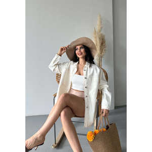 Chemise en denim de lin à manches longues pour femme, haut en coton respirant avec poches, style décontracté d'été - Product Image 1