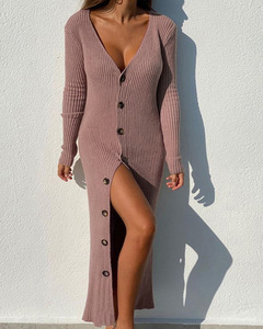 High Quality Autumn Winter Women's Loose Fit Long Sleeve Cardigan <strong>Dress</strong> Sexy V Neck Button Knitted Sweater <strong>Dress</strong> - Product Image 6