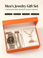 Ensemble de bijoux pour homme personnalisé, montre de luxe, bracelet à maillons cubains, collier avec croix, bague, 4 pièces, coffret cadeau d'affaires, pour lui, Noël