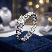 Bagues Cœur en Argent Sterling 925 Vente en Gros, Anneau Romantique Scintillant en Zircon Cubique avec Chaîne Maille Cubaine pour Femme, Bijoux Tendance