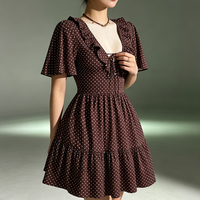 Robe Courte Plissée à Pois pour Femme, Manches Courtes, Motif Quadrillé, Décontractée, Tissée, Respirante, Lavable, Élégante, Ourlet à Volants, Vente en Gros