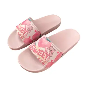 Custom Summer New Style Graffiti Cute Bear and Peach Sandals Sweet Pink love Flat Slides Footwear Beach Slides Slippers