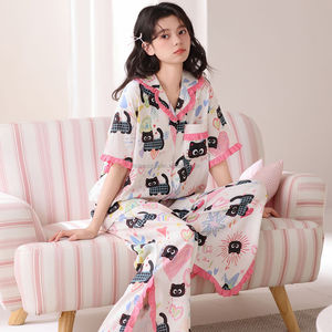 <span class=keywords><strong>Pigiama</strong></span> Estivo da <span class=keywords><strong>Donna</strong></span> 2026 Nuovo con Stampa <span class=keywords><strong>Gatto</strong></span> Nero Carino, Cardigan Casual Comodo con Bordo in Pizzo e Maniche Corte - Product Image 1