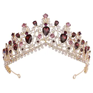 Cocar de noiva de ouro vermelho e prata, acessório de cristal com strass, coroa de tiara para noiva, princesa e rainha