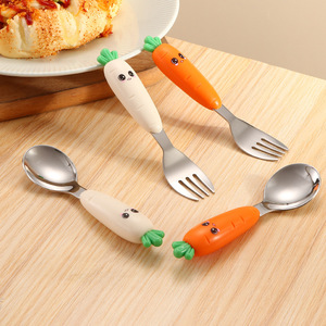 Juego de tenedor y cuchara para niños de acero inoxidable 304, tenedor y cuchara bonitos, cuchara para puré de zanahoria, vajilla para alimentos complementarios para bebés - Product Image 3