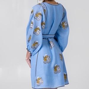 Robe d'été pour femme personnalisable, élégante, en coton et lin, brodée, col en V, coupe décontractée trapèze, manches bouffantes, longueur midi - Product Image 2