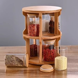 Bamboo <b>Spice</b> <b>Rack</b> With Glass Jars <b>Rotating</b> Shelf For Kitchen Storage M Size - Product Image 4