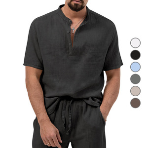 Camiseta de hombre 2024 de algodón, lisa, talla estadounidense, cuello en V, manga corta, con botones, bolsillo, color sólido, 180 gramos, transpirable, estilo vintage, informal, Henry - Product Image 1