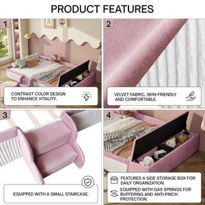 Sofá Cama Moderno Tapizado en Terciopelo Ecológico con Escaleras, Almacenamiento con Elevación a Gas, Otomana y Barandillas Acolchadas en Contraste Rosa+Blanco - Product Image 3