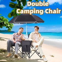 Chaise de camping double avec auvent pare-soleil intégré, chaise de camping pliable portable à 2 places avec sac isotherme, porte-boissons, sac de transport