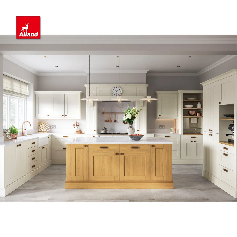 Деревянная кухонная мебель AllandCabinet, U-образные деревянные двухцветные дизайнерские белые и коричневые кухонные шкафы