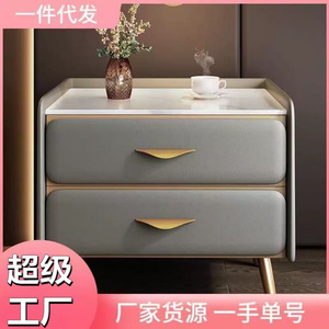 Modern Leather Bedside <b>Table</b> With Marble Top Two Drawers Minimalist Nightstand For <b>Small</b> Bedroom - Product Image 1