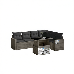 Ensemble de canapés de jardin modulaires modernes en rotin PE, mobilier d'extérieur 6 places, gris foncé, ensemble de jardin - Product Image 1