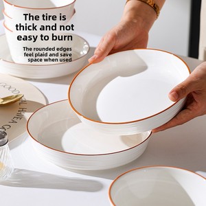 Assiette à dîner moderne en céramique blanche avec bord brun, assiette creuse en porcelaine côtelée pour pâtes et salades, plat de service rond pour la maison et l'hôtel - Product Image 3
