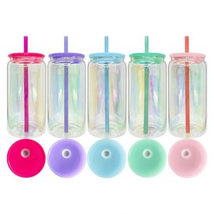 Verre à bière de 16 oz en forme de canette, plaqué arc-en-ciel scintillant, vierge pour sublimation, avec couvercles colorés et paille, pour films UV DTF - Product Image 1