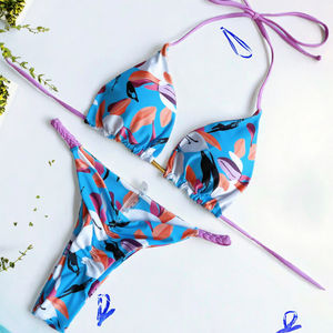 Eco-Friendly Solid Handmade Women's <b>Bikini</b> <b>Set</b> Quick Dry Sexy Halter V-<b>String</b> 2-Piece Beachwear - Product Image 3