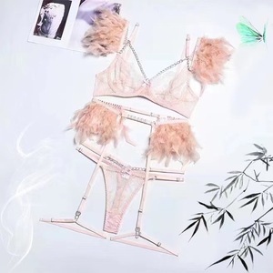 Feather Decor Sexy Lingerie 3Pcs Set Rhinestone Chain Floral Lace Bra Garter Belt <b>Thong</b> Women Intimate Underwear Wholesale - Product Image 4
