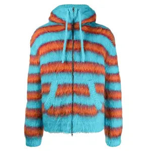 Custom OEM & ODM mohair sweater men Fuzzy knitwear winter Striped mohair blend hooded knit Cardigan knitted sweater men