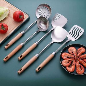 Ensemble d'ustensiles de cuisine en acier inoxydable avec manche en bois, design nouveau, écologique, multi-usages, prix de gros - Product Image 1