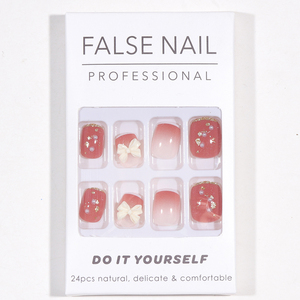 กดเล็บปลอมด้วยกาวติดเล็บปลอม24ชิ้นแบบฝรั่งเศสสีแดงกุหลาบน่ารัก - Product Image 3