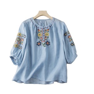 Light Blue Embroidered Cotton <b>Linen</b> <b>Top</b> Women Mid Sleeve Round Neck Button Detail Summer Casual Wear - Product Image 5