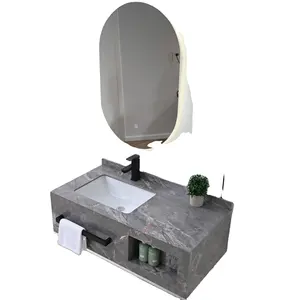 Ánh sáng sang trọng treo tường đá cẩm thạch thiêu kết đá phòng tắm Vanity rửa lưu vực tủ với gương