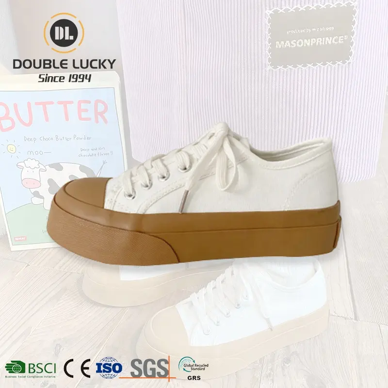 Double Lucky Zapatos De Lona Mujer Fashion Retro Shoes Lightweight Big Head Lace Up Gum Thick Sole White Canvas Shoes for Women