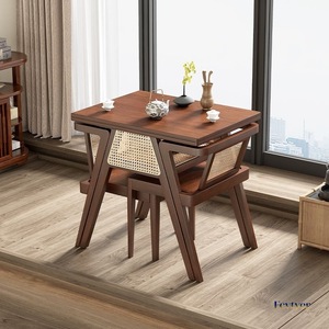 Juego de Mesa y Sillas de Comedor de Madera Maciza de Alta Gama, Mesa de Centro Cuadrada de Estilo Moderno con Asiento de Ratán, Muebles de Exterior - Product Image 2