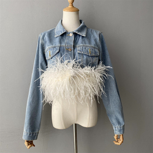 QFZ566 - Manteau en jean à manches longues pour femme, style décontracté printemps-automne, avec poignets en plumes et fourrure, pour l'extérieur - Product Image 4