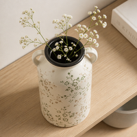 Vase en céramique floral peint à la main ARM LVG avec doubles poignées, style rustique vintage Wabi-sabi, pot décoratif pour fleurs, jardinière en porcelaine