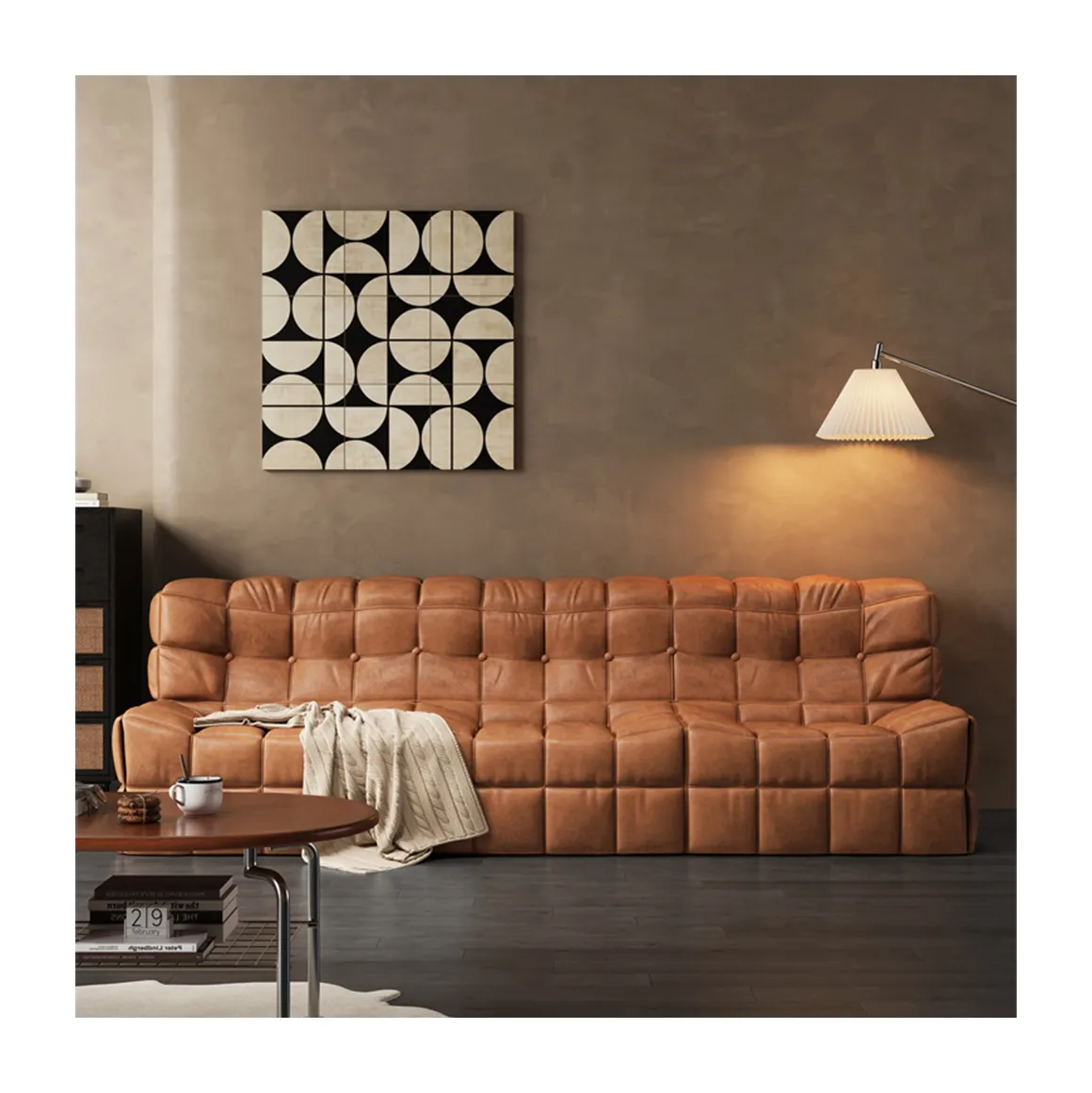 أريكة توفو من الجلد بالكامل بتصميم عصري مربعة الشكل أريكة مايلارد على الطراز القديم لغرفة معيشة تتسع لثلاث أشخاص بصف مستقيم